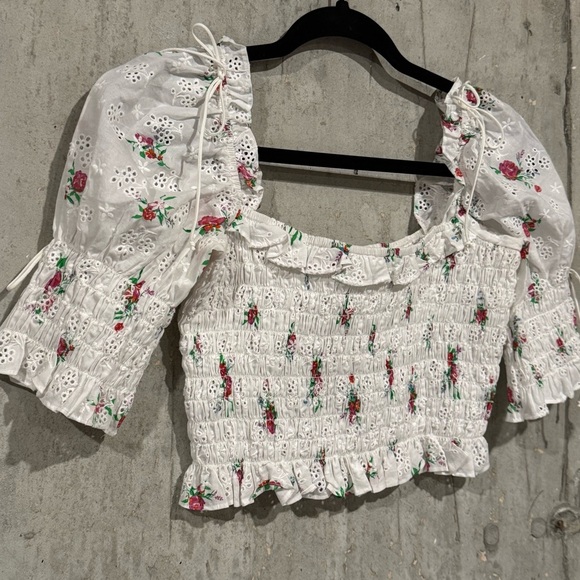 For Love & Lemons Size Small White Eyelet Floral Cottage Boho Romantic Crop Top - Picture 4 of 7